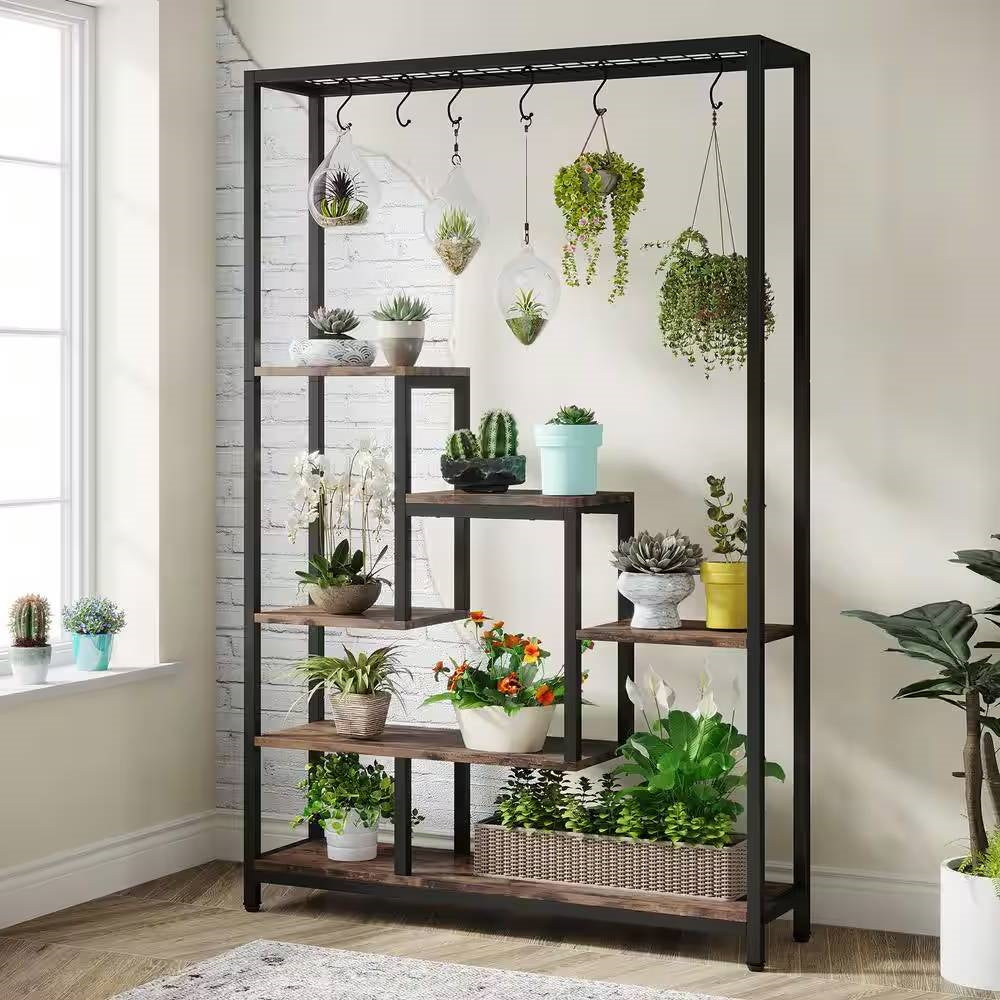 Modern Industrial Heavy Duty Metal Wood Plant Stand with 10 Hanging Hooks LuxuryLifeWay Online Store