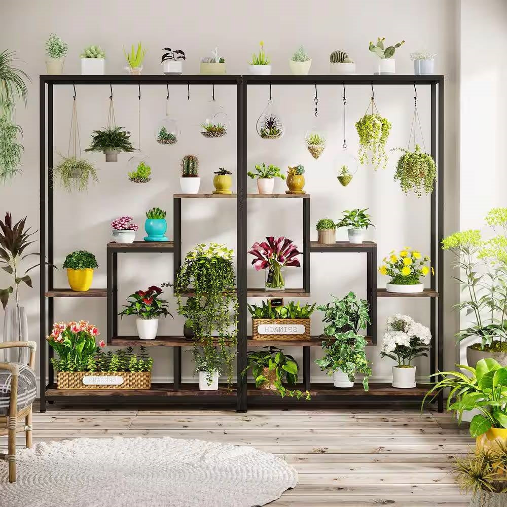 Modern Industrial Heavy Duty Metal Wood Plant Stand with 10 Hanging Hooks LuxuryLifeWay Online Store