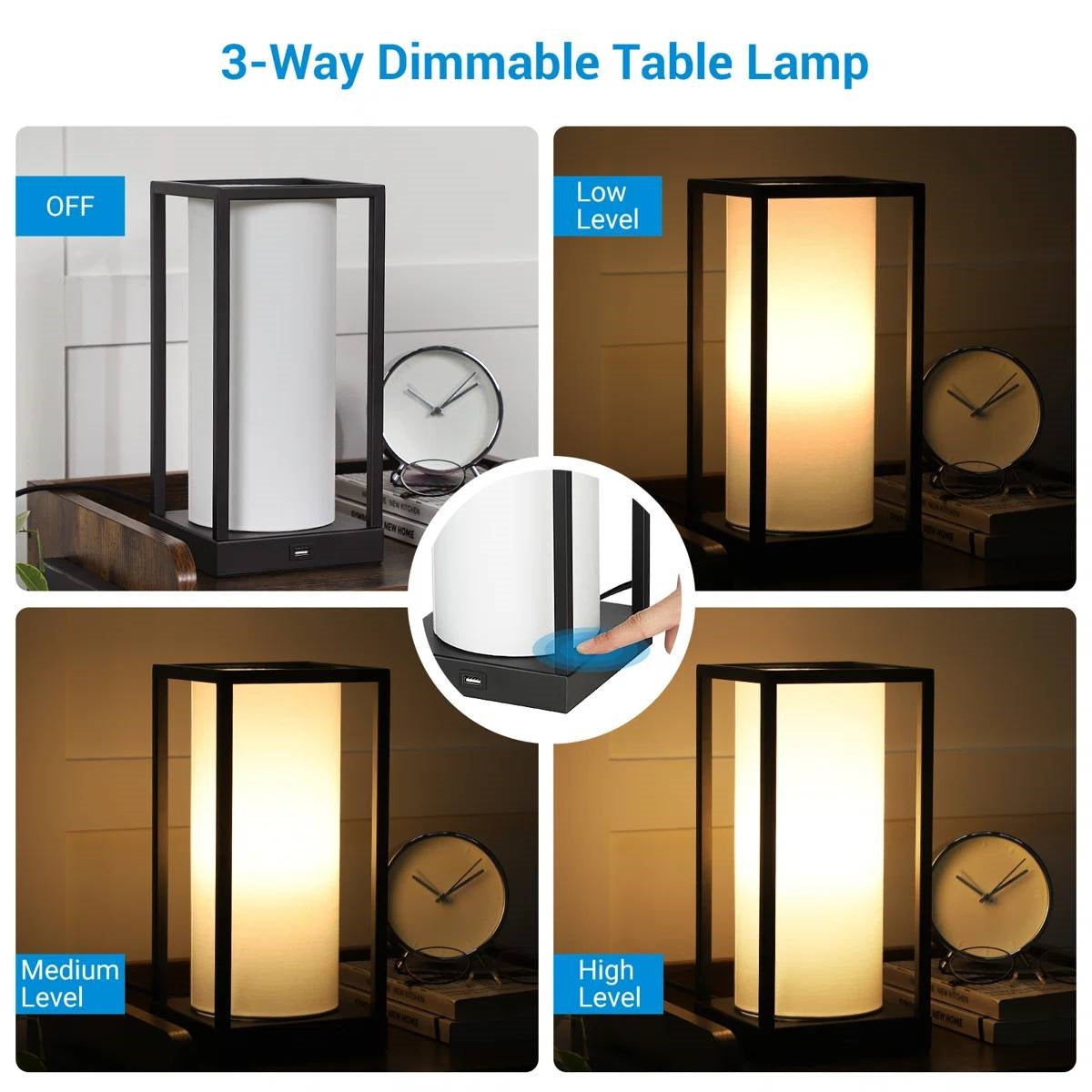 Set of 2 - Japanese Style USB Table Lamp with White Linen Shade and LED Bulbs LuxuryLifeWay Online Store