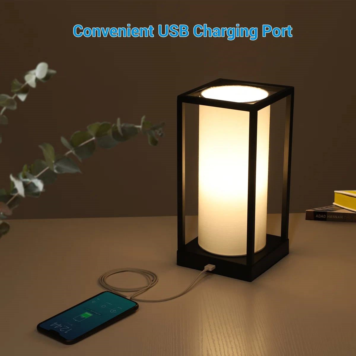 Set of 2 - Japanese Style USB Table Lamp with White Linen Shade and LED Bulbs LuxuryLifeWay Online Store