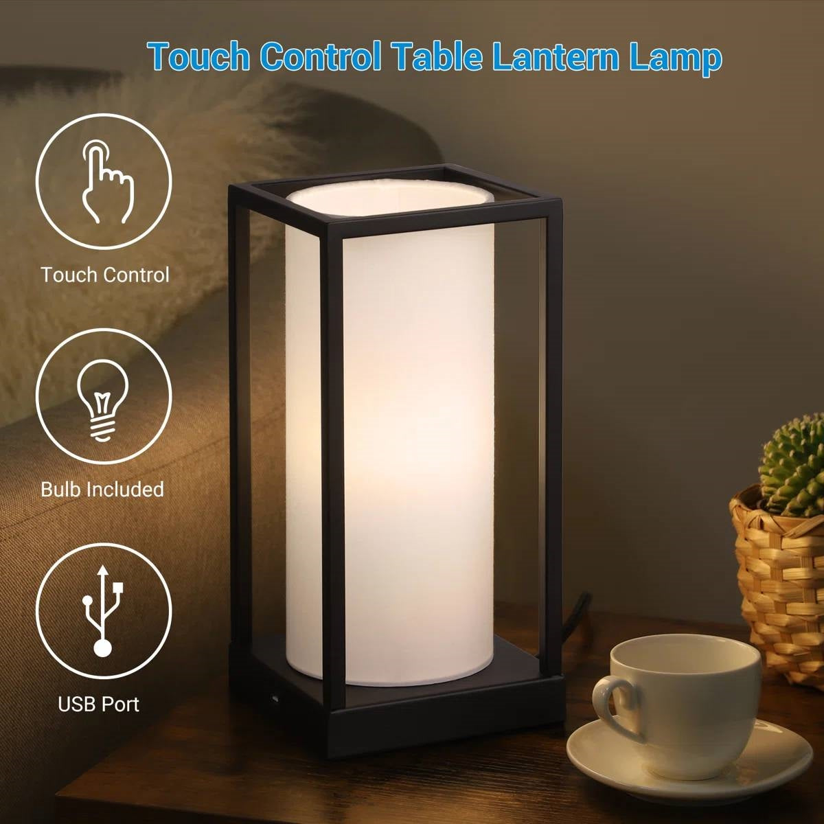 Set of 2 - Japanese Style USB Table Lamp with White Linen Shade and LED Bulbs LuxuryLifeWay Online Store