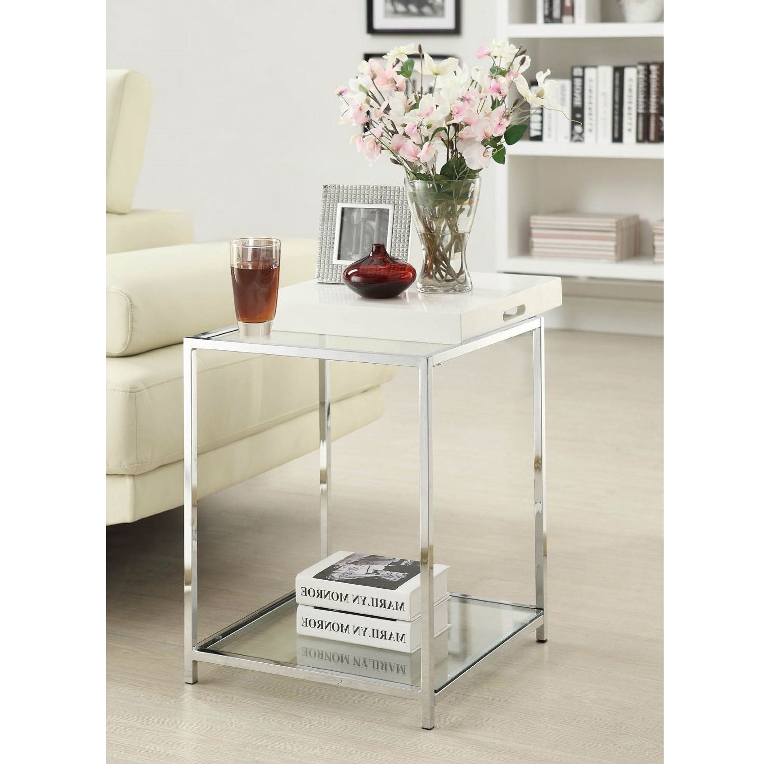 Modern Classic Metal End Table with White Removable Tray LuxuryLifeWay Online Store