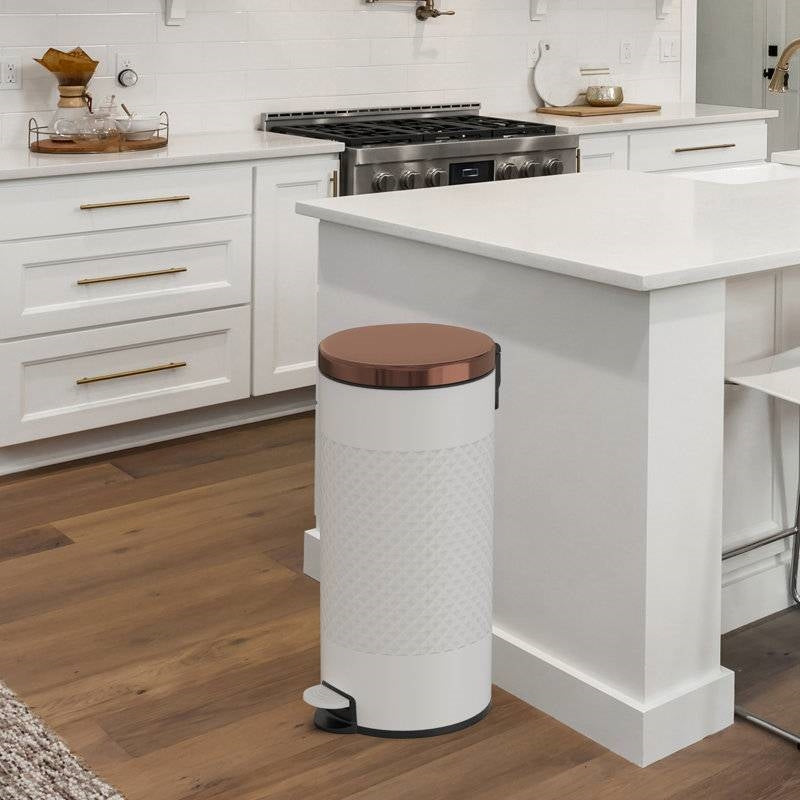 Hands Free White/Gold Metal Step On Trash Can - 8 Gallons LuxuryLifeWay Online Store
