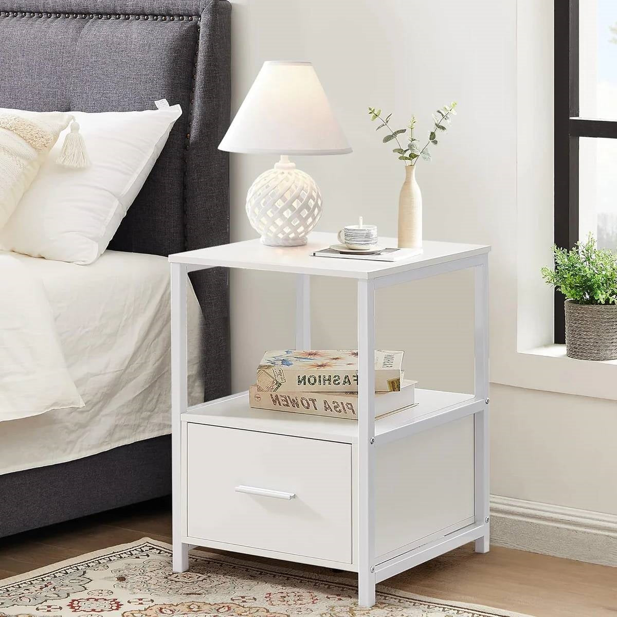 Set of 2 - Modern White Metal Wood Side End Table Nightstand with Storage Drawer LuxuryLifeWay Online Store