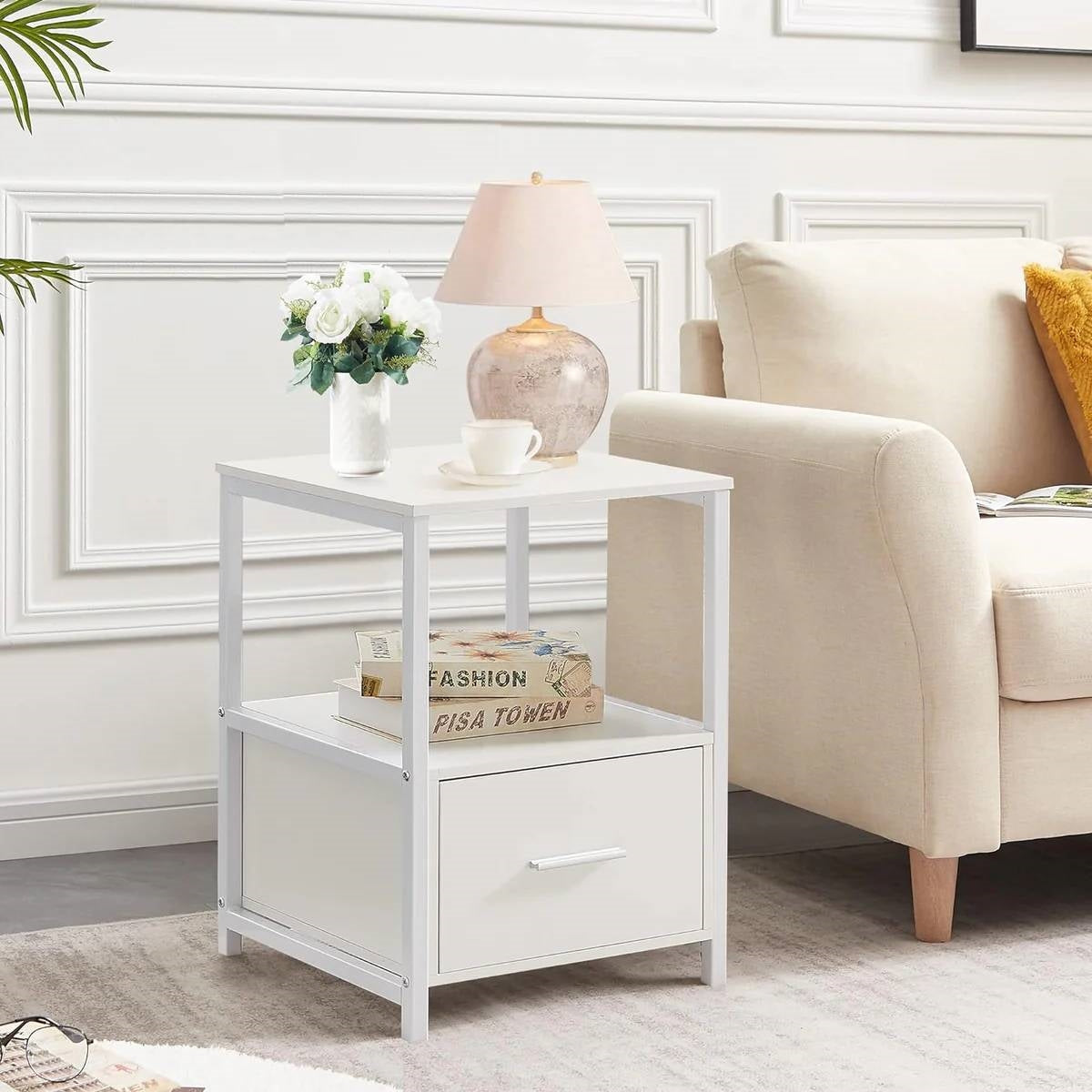 Set of 2 - Modern White Metal Wood Side End Table Nightstand with Storage Drawer LuxuryLifeWay Online Store