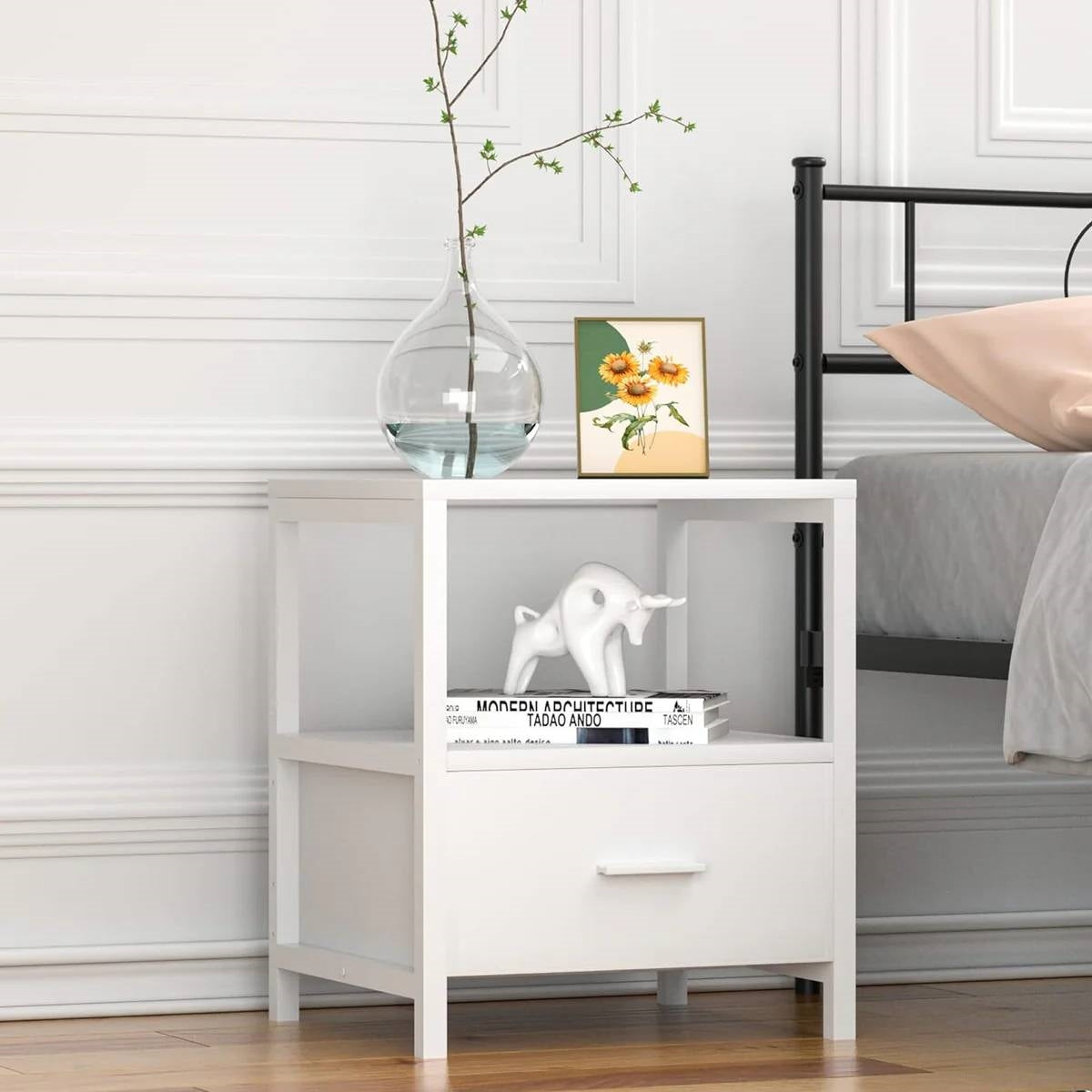 Set of 2 - Modern White Metal Wood Side End Table Nightstand with Storage Drawer LuxuryLifeWay Online Store
