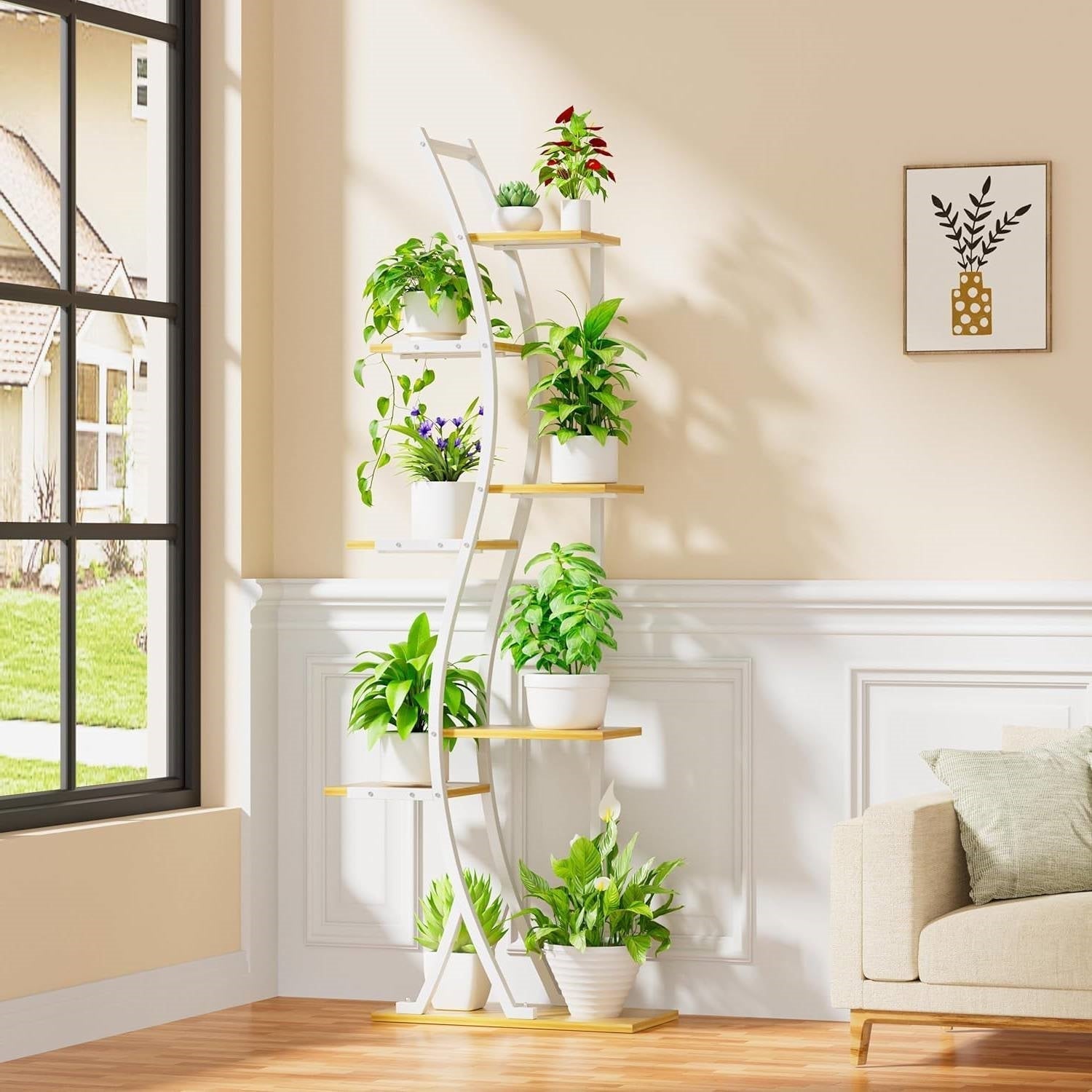 63-inch Tall Indoor Plant Stand with White Metal Frame and Wood Finish Shelves LuxuryLifeWay Online Store