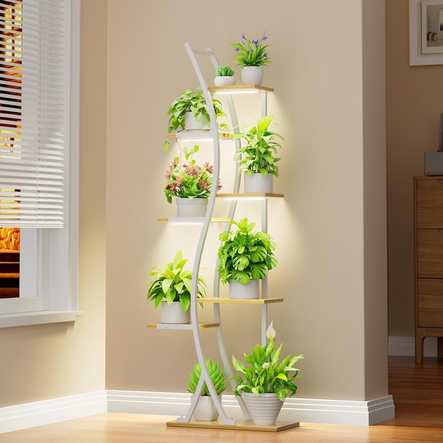 63-inch Tall Indoor Plant Stand with White Metal Frame and Wood Finish Shelves LuxuryLifeWay Online Store