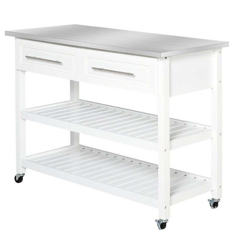 White Rolling Kitchen Island 2 Drawers Storage with Stainless Steel Top LuxuryLifeWay Online Store