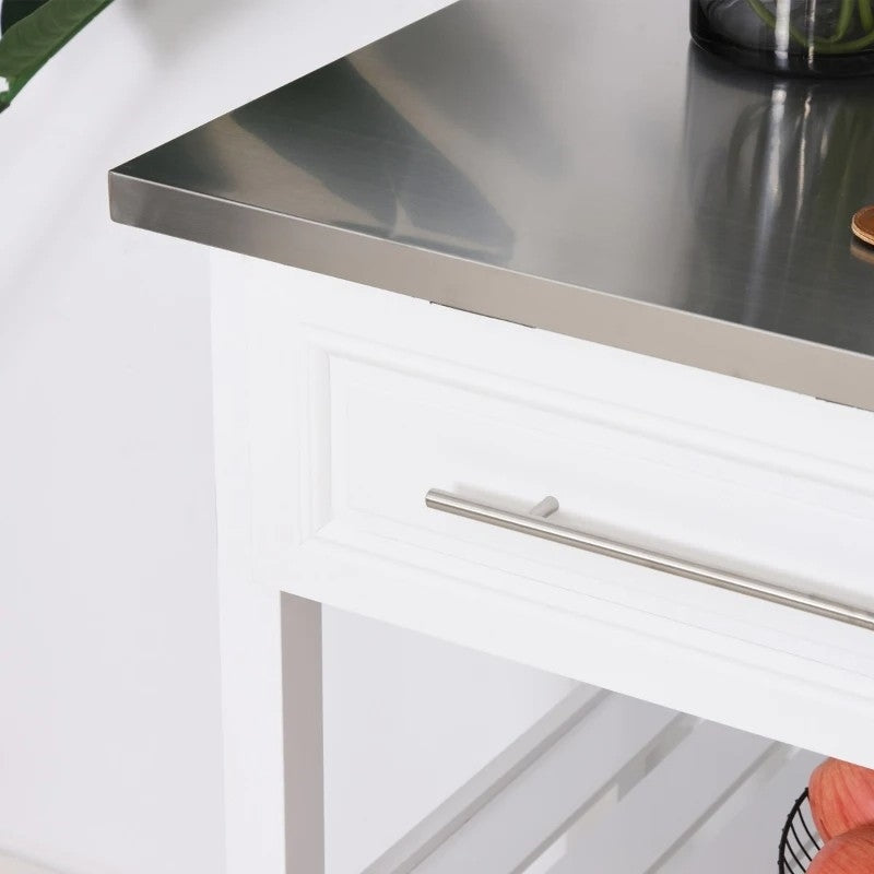 White Rolling Kitchen Island 2 Drawers Storage with Stainless Steel Top LuxuryLifeWay Online Store