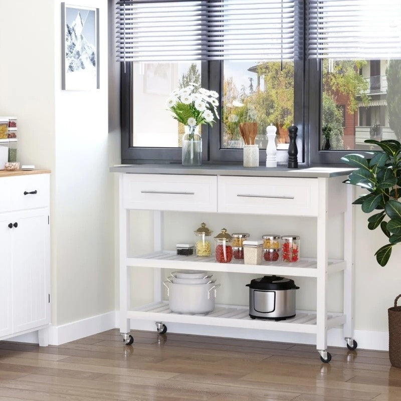 White Rolling Kitchen Island 2 Drawers Storage with Stainless Steel Top LuxuryLifeWay Online Store