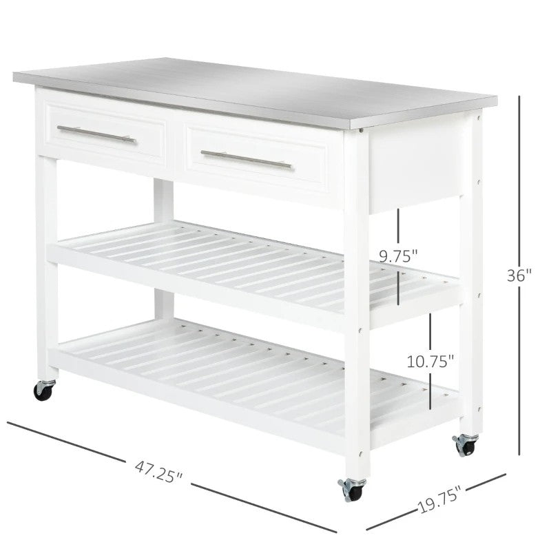 White Rolling Kitchen Island 2 Drawers Storage with Stainless Steel Top LuxuryLifeWay Online Store