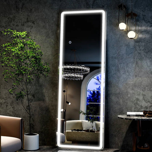 White 64-inch Full Length Floor Mirror with Stand and LED Light Strip LuxuryLifeWay Online Store