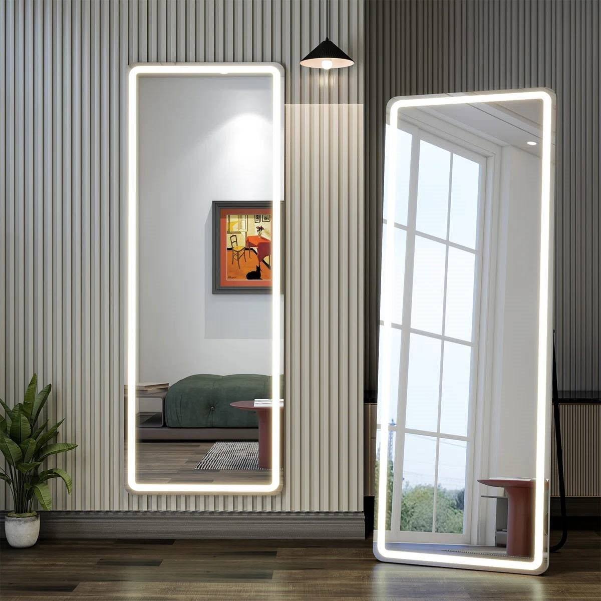 White 64-inch Full Length Floor Mirror with Stand and LED Light Strip LuxuryLifeWay Online Store