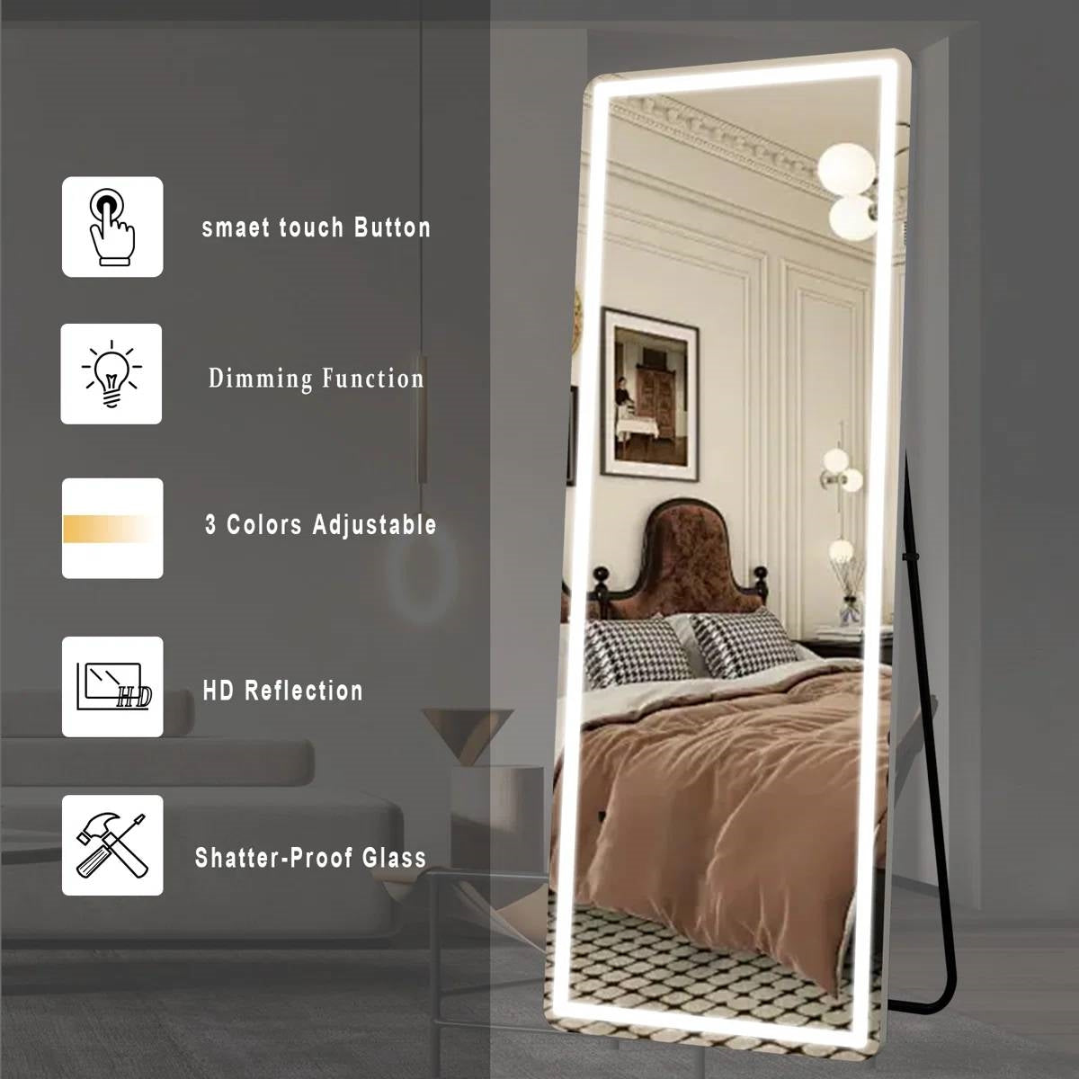 White 64-inch Full Length Floor Mirror with Stand and LED Light Strip LuxuryLifeWay Online Store