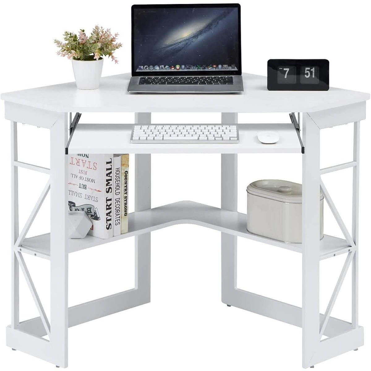 Corner Computer Desk with Keyboard Tray Storage Shelves in White LuxuryLifeWay Online Store