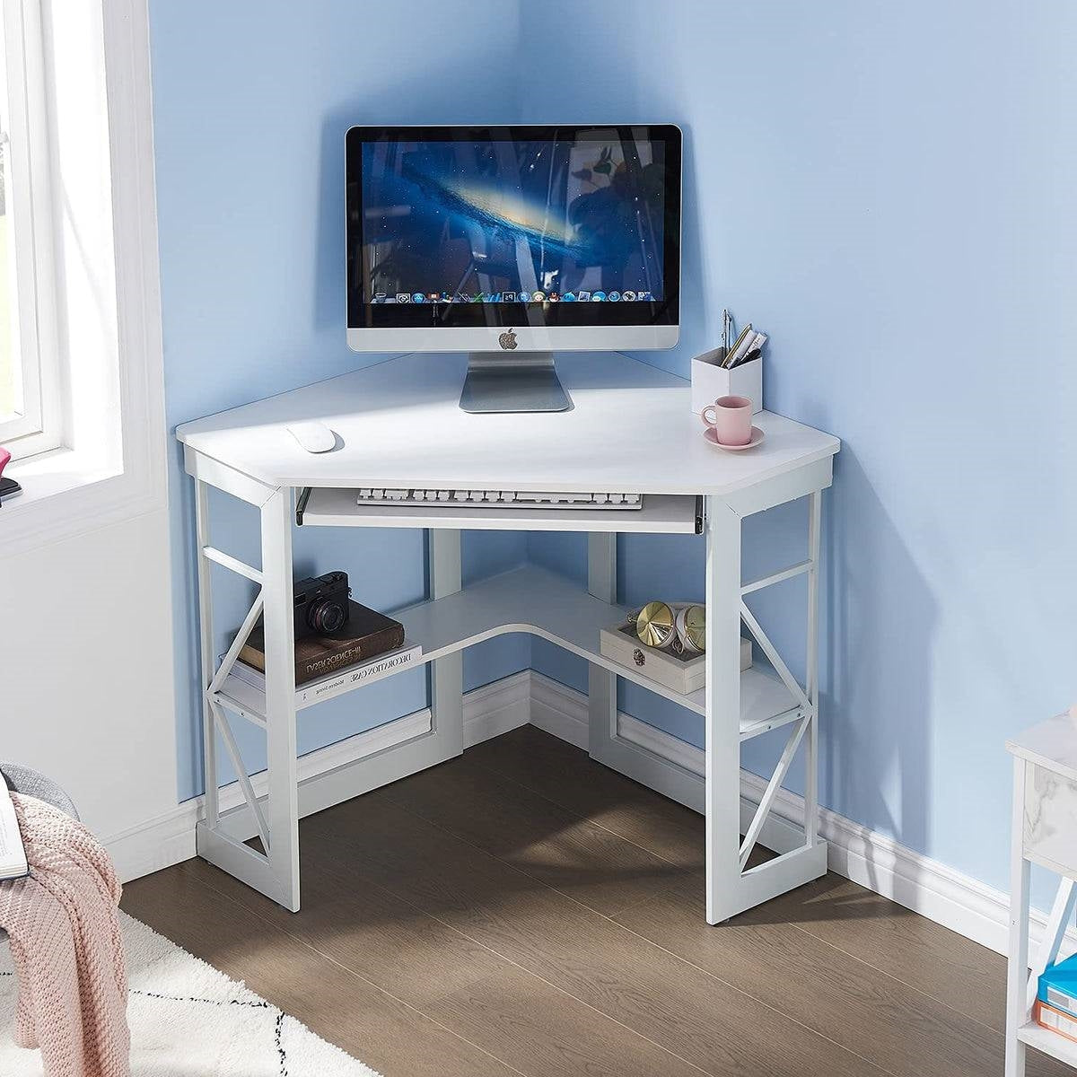 Corner Computer Desk with Keyboard Tray Storage Shelves in White LuxuryLifeWay Online Store