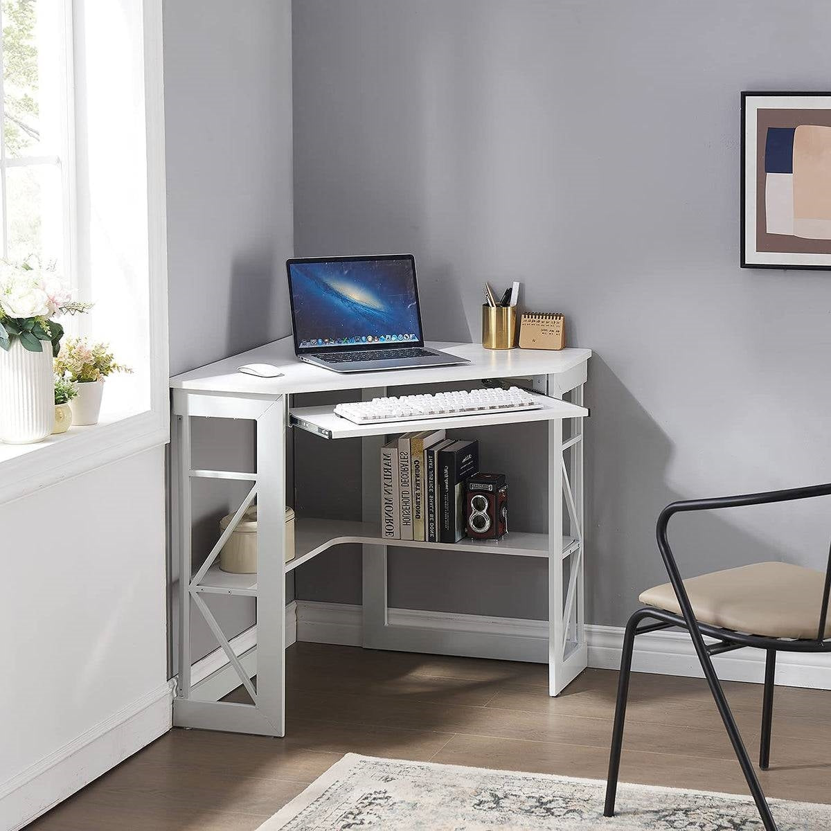 Corner Computer Desk with Keyboard Tray Storage Shelves in White LuxuryLifeWay Online Store