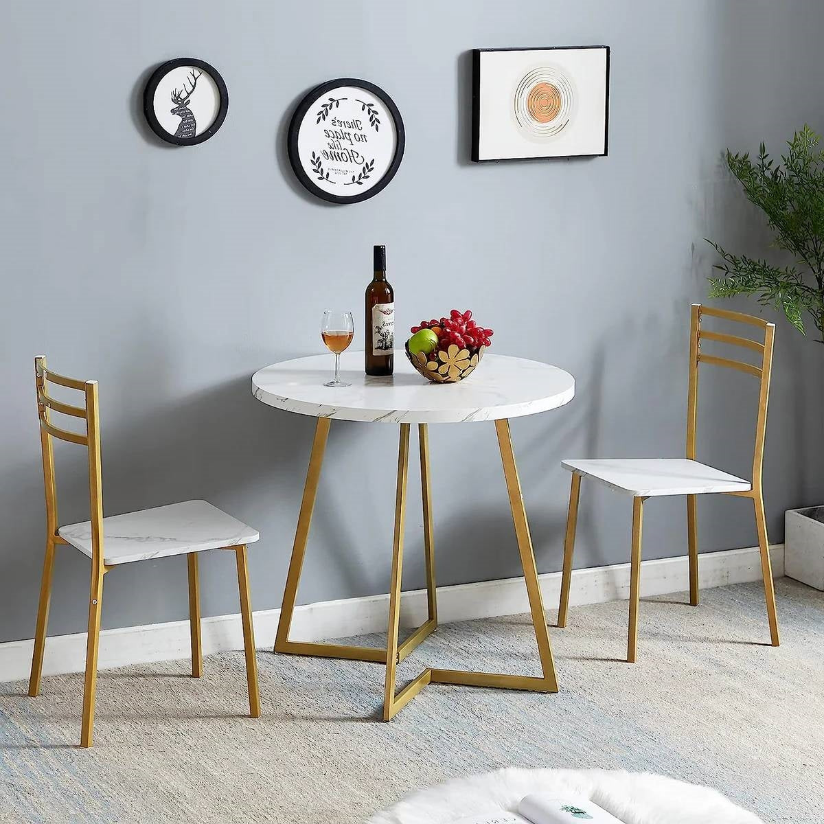 3-Piece Kitchen Dining Set with Round White Faux Marble-Top Table and 2 Chairs LuxuryLifeWay Online Store