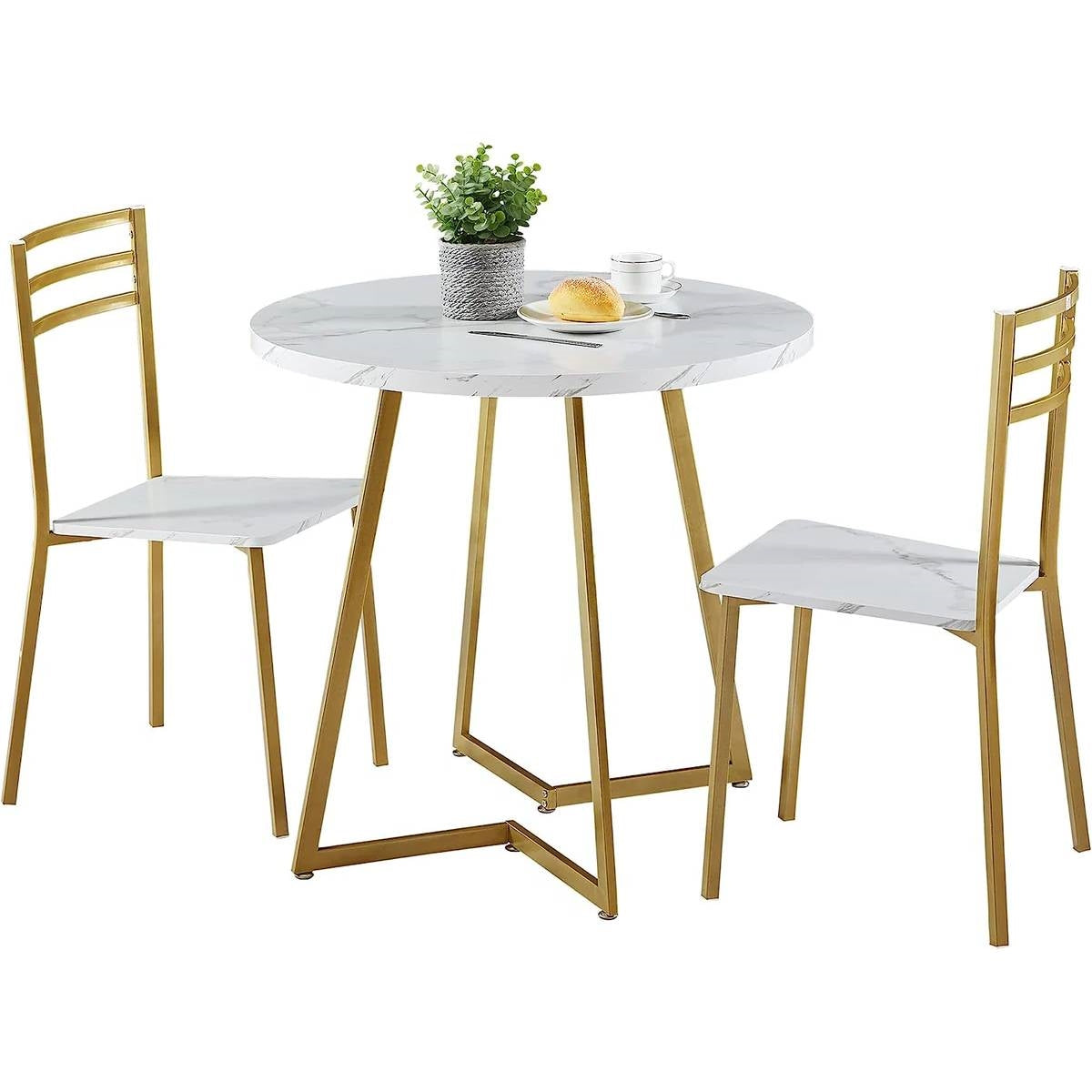 3-Piece Kitchen Dining Set with Round White Faux Marble-Top Table and 2 Chairs LuxuryLifeWay Online Store