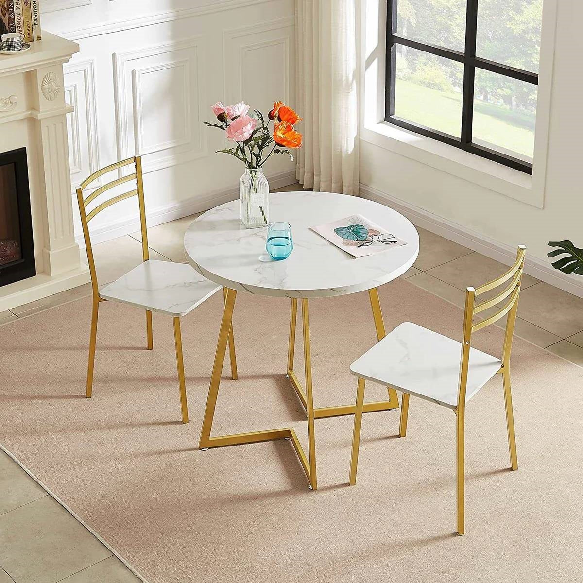 3-Piece Kitchen Dining Set with Round White Faux Marble-Top Table and 2 Chairs LuxuryLifeWay Online Store