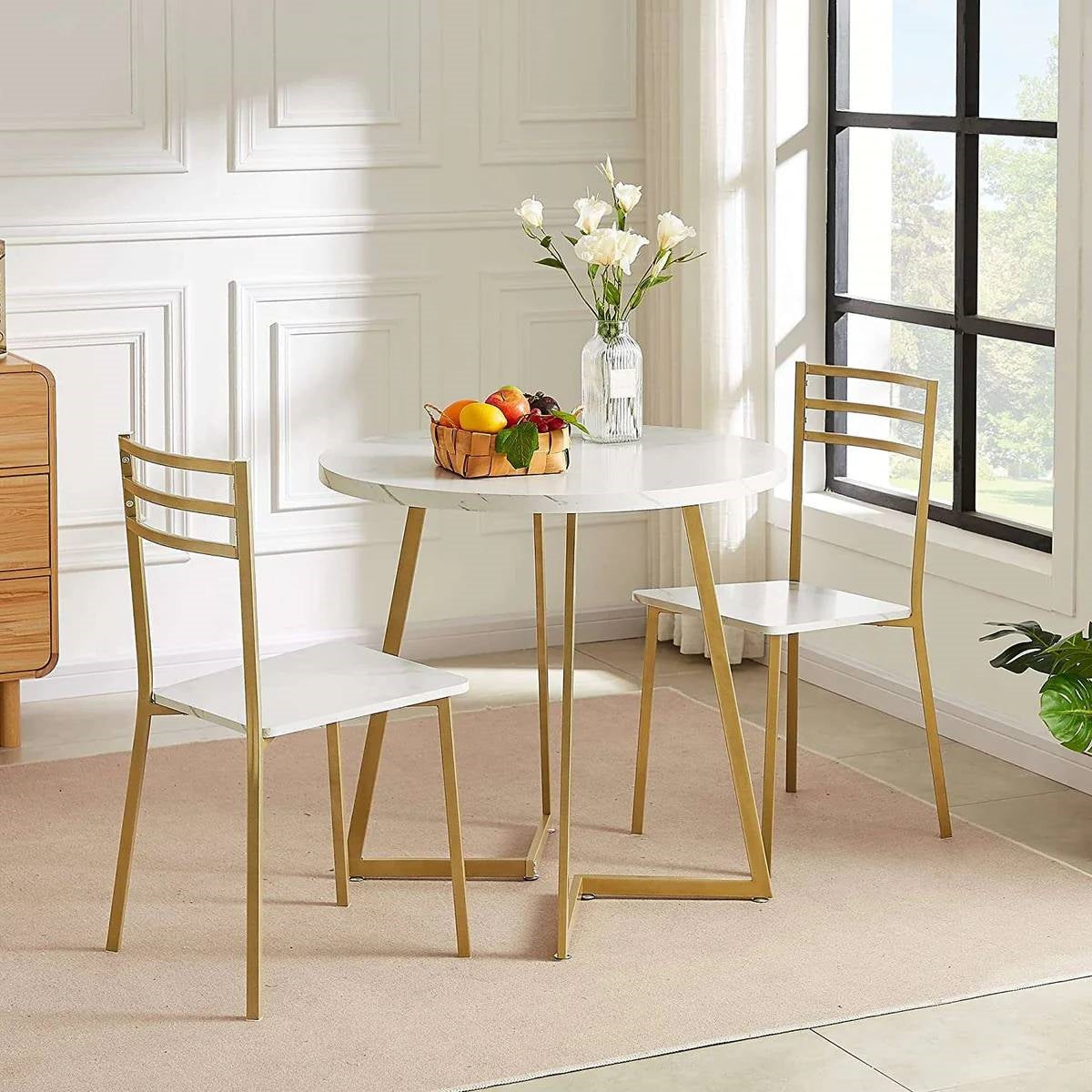 3-Piece Kitchen Dining Set with Round White Faux Marble-Top Table and 2 Chairs LuxuryLifeWay Online Store