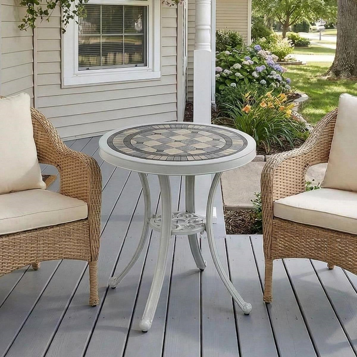 Round Ceramic Tile Outdoor Patio Bistro Table with Off White Metal Base LuxuryLifeWay Online Store