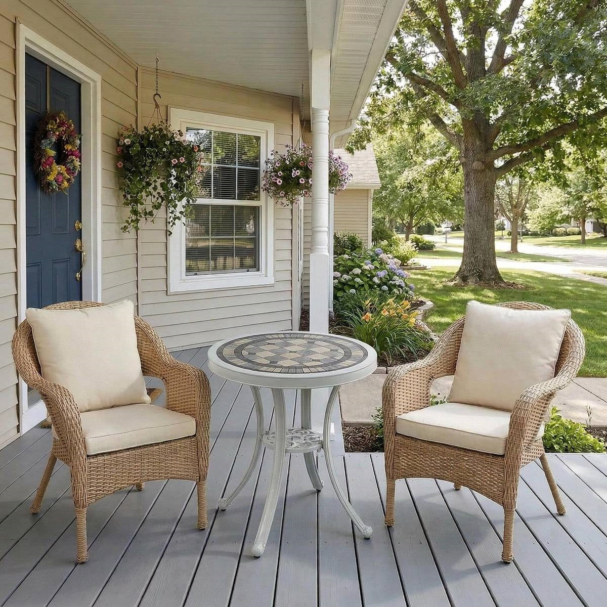 Round Ceramic Tile Outdoor Patio Bistro Table with Off White Metal Base LuxuryLifeWay Online Store