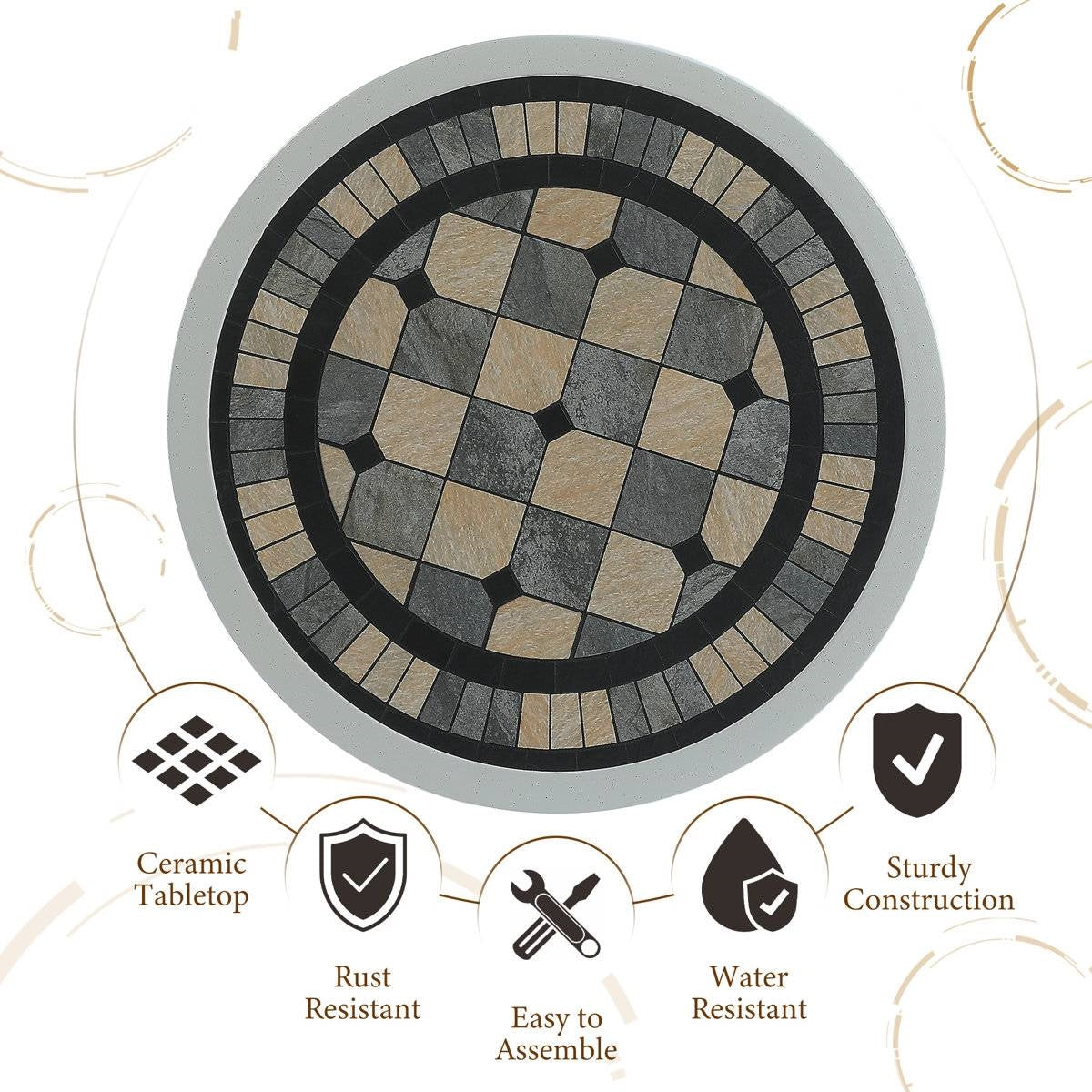 Round Ceramic Tile Outdoor Patio Bistro Table with Off White Metal Base LuxuryLifeWay Online Store