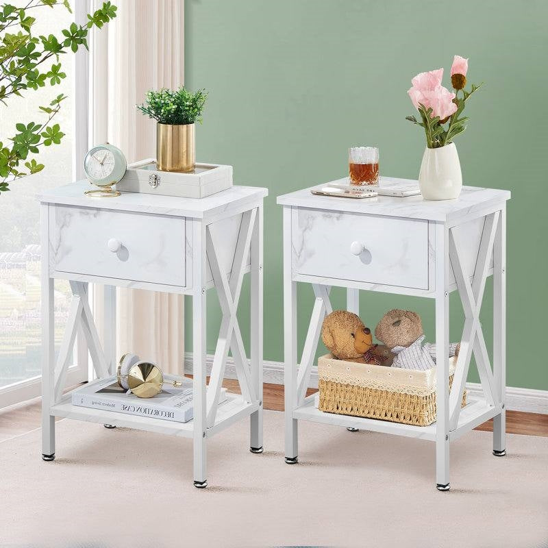 Set of 2 - Rustic Farmhouse 1-Drawer Nightstand Bedside Table in White LuxuryLifeWay Online Store