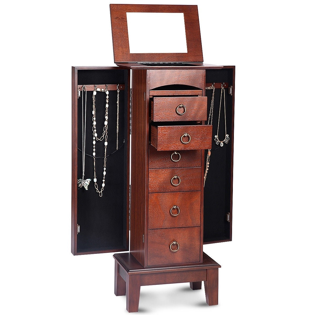 Medium Brown Wood Jewlery Armoire Storage Chest Cabinet with Mirror LuxuryLifeWay Online Store
