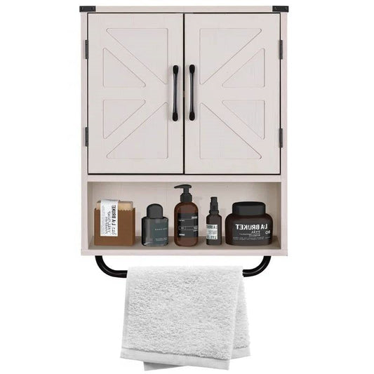 White Farmhouse Bathroom Wall Cabinet with Storage Shelf and Towel Bar LuxuryLifeWay Online Store
