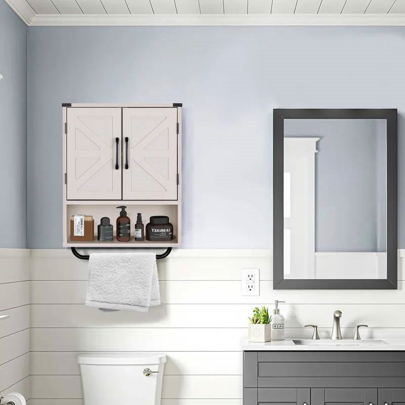 White Farmhouse Bathroom Wall Cabinet with Storage Shelf and Towel Bar LuxuryLifeWay Online Store