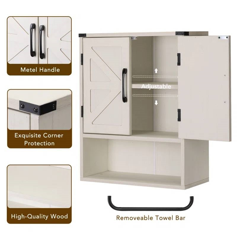 White Farmhouse Bathroom Wall Cabinet with Storage Shelf and Towel Bar LuxuryLifeWay Online Store