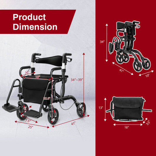 Goplus Rollator Walker with Seat Folding Walker with 8-inch Wheels Supports up to 350lbs Black LuxuryLifeWay Online Store