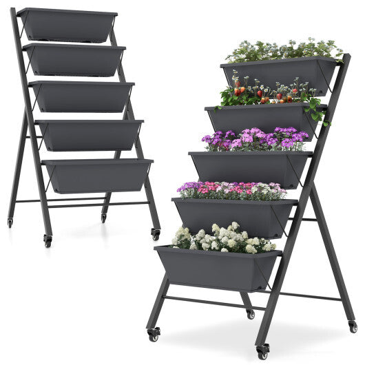 Costway 1 PCS 5-Tier Vertical Raised Garden Bed Elevated Planter with Wheels & Container Boxes Gray LuxuryLifeWay Online Store