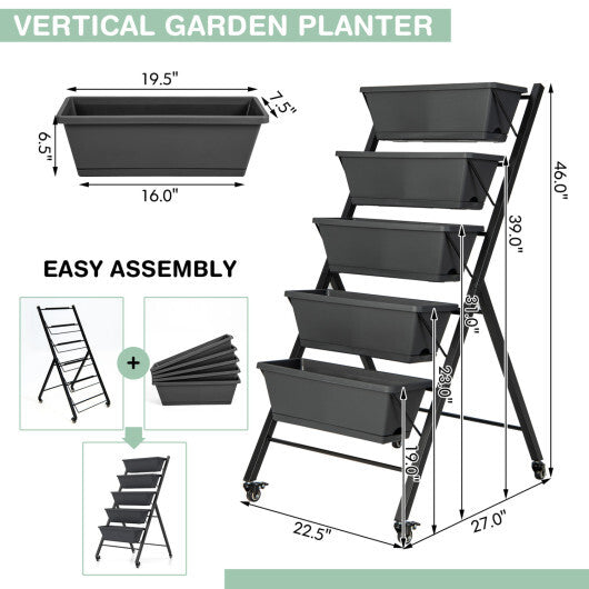 Costway 1 PCS 5-Tier Vertical Raised Garden Bed Elevated Planter with Wheels & Container Boxes Gray LuxuryLifeWay Online Store