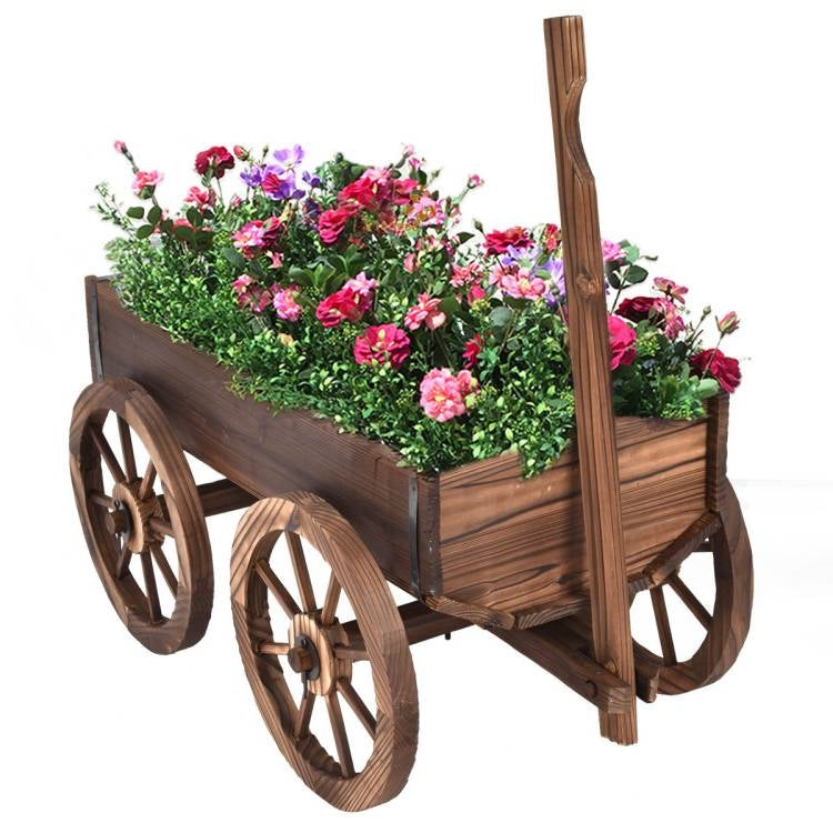 Outdoor Garden Fir Wood Barrel Planter Wagon on Wooden Wheels LuxuryLifeWay Online Store