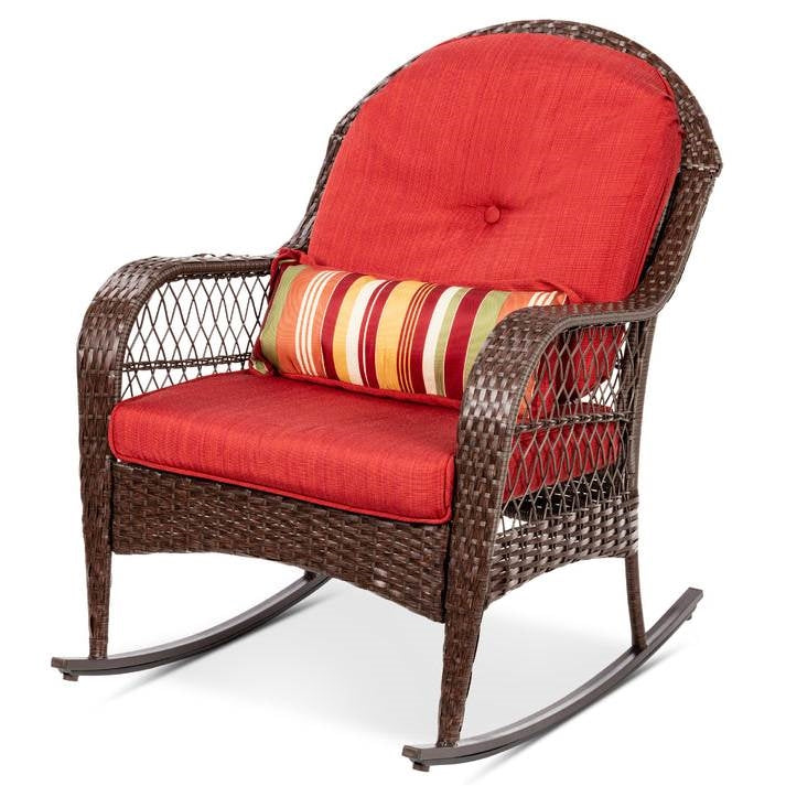 Outdoor Patio Brown Wicker Rocking Chair with Red Cushions and Accent Pillow LuxuryLifeWay Online Store