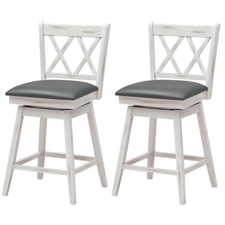 Set of 2 White Wood 24-in Counter Height Farmhouse Swivel Cushion Seat Barstools LuxuryLifeWay Online Store