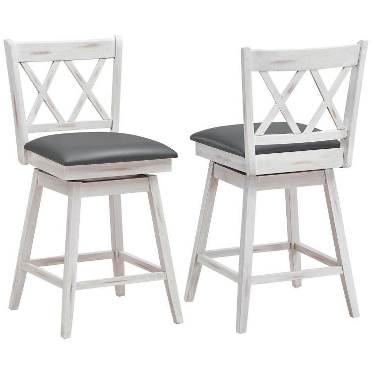 Set of 2 White Wood 24-in Counter Height Farmhouse Swivel Cushion Seat Barstools LuxuryLifeWay Online Store