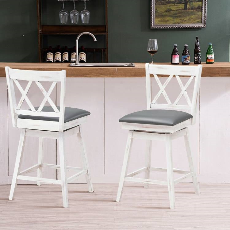 Set of 2 White Wood 24-in Counter Height Farmhouse Swivel Cushion Seat Barstools LuxuryLifeWay Online Store