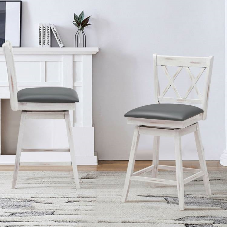 Set of 2 White Wood 24-in Counter Height Farmhouse Swivel Cushion Seat Barstools LuxuryLifeWay Online Store