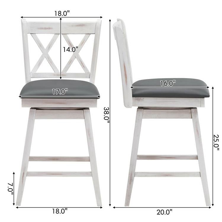Set of 2 White Wood 24-in Counter Height Farmhouse Swivel Cushion Seat Barstools LuxuryLifeWay Online Store