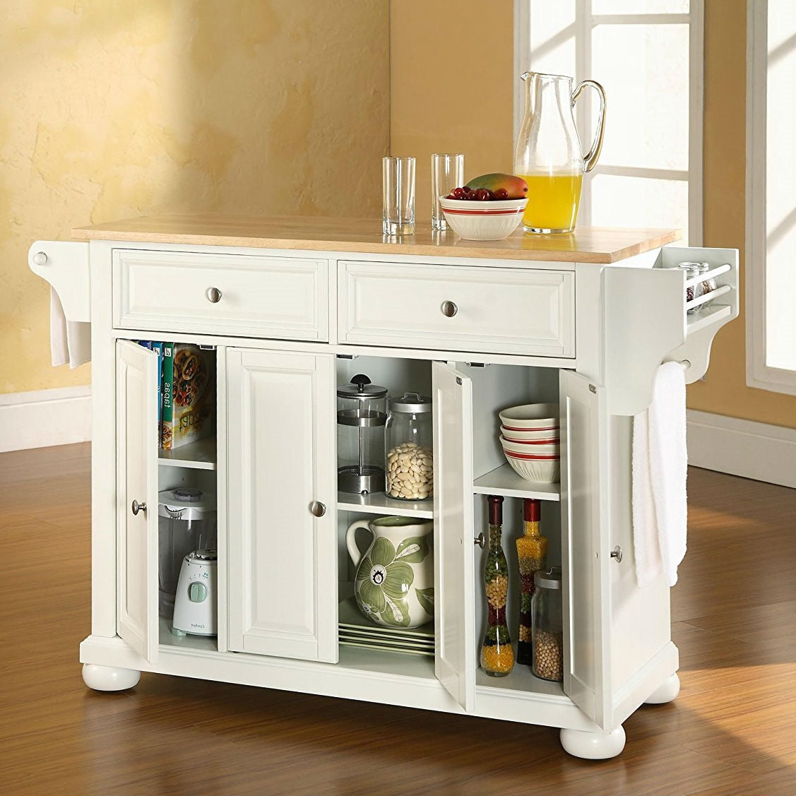 White Kitchen Island Storage Cabinet with Solid Wood Top LuxuryLifeWay Online Store