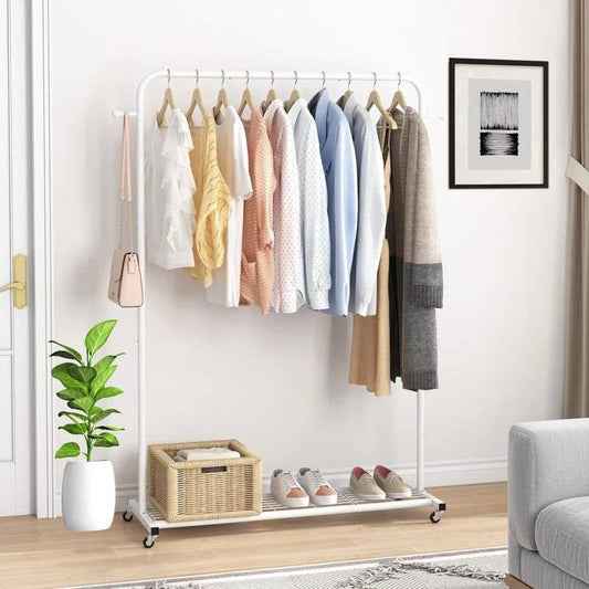 White Modern Garment Rack Clothes Hanging Rod with Lockable Wheels LuxuryLifeWay Online Store