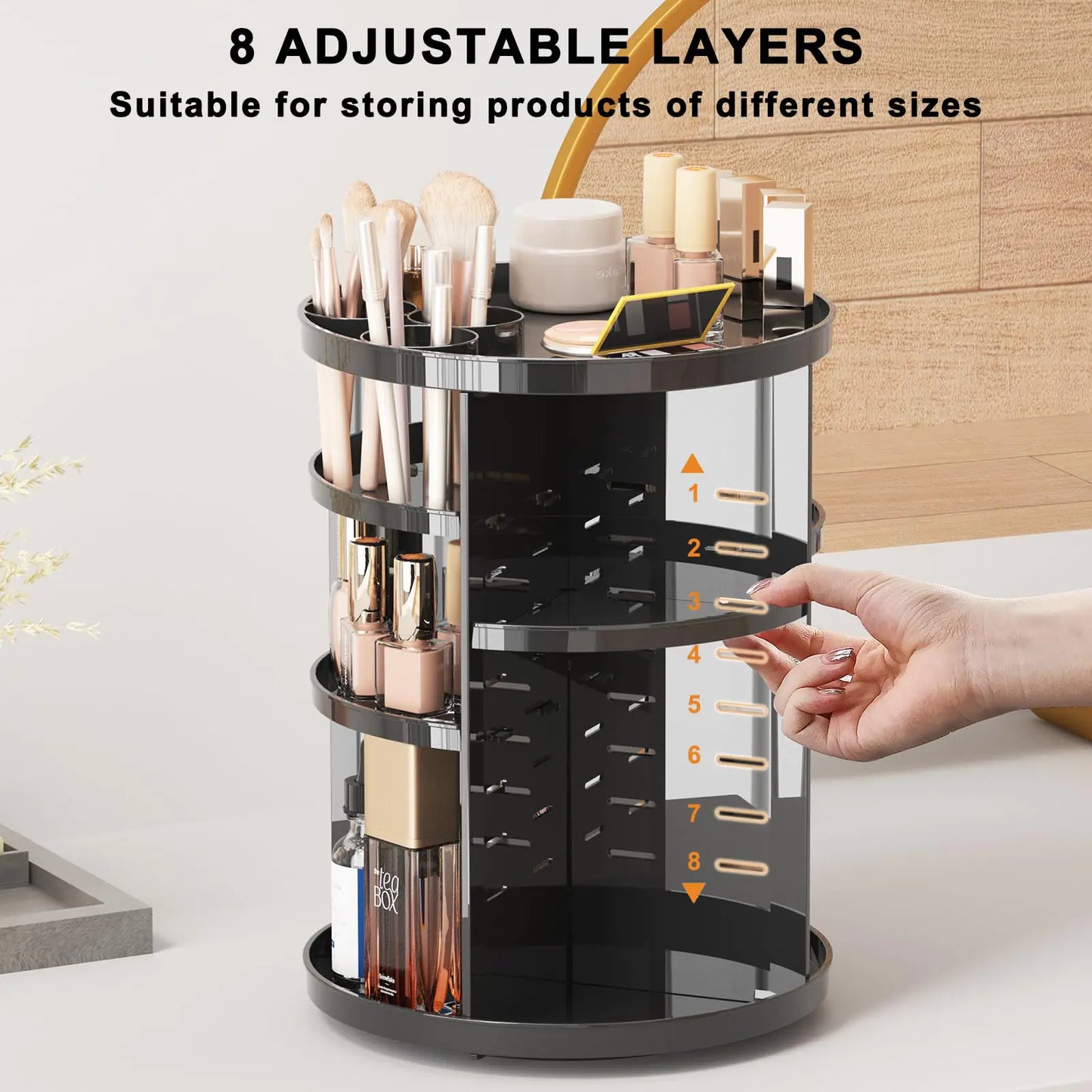 Rotating Makeup Organizer for Vanity, 360 Spinning Skincare Organizers with Adjustable Trays, Make Up Desk Storage Carousel Rack, Cosmetic Display Cases for Dresser Bathroom Countertop Black