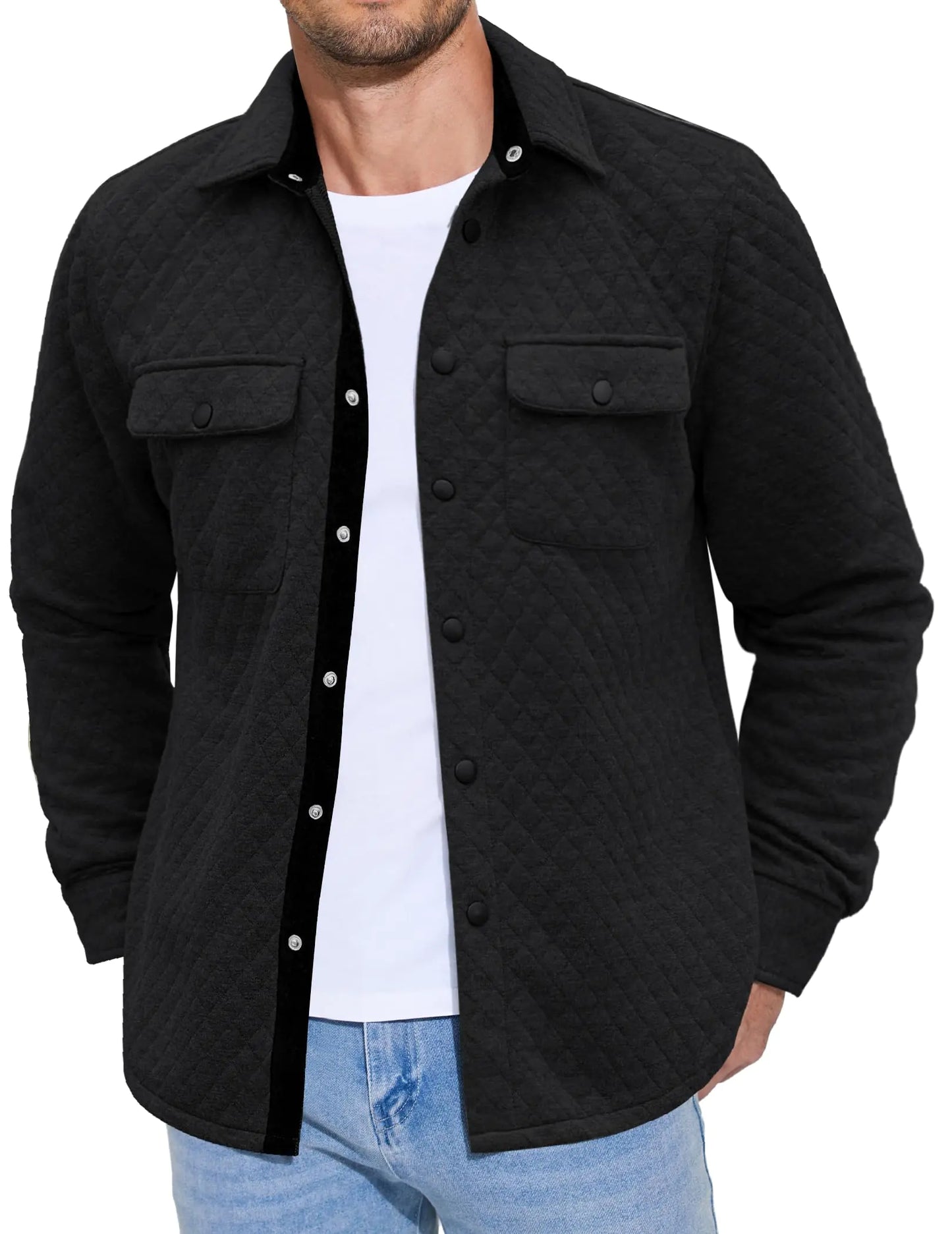 COOFANDY Mens Casual Lightweight Shirt Jacket Button Down Shacket Jacket Light Quilted Jacket Black 2X-Large