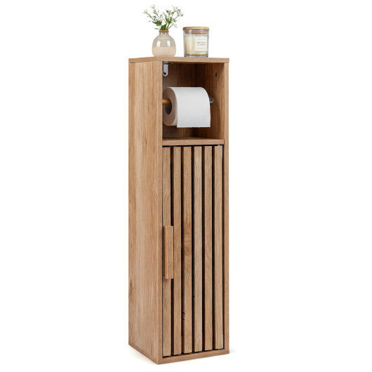 Costway Slim Bathroom Cabinets Freestanding Toilet Paper Holder Stand with Door-Natural LuxuryLifeWay Online Store