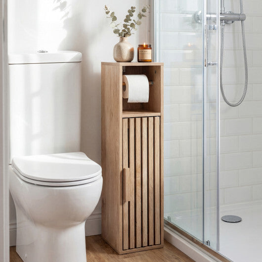 Costway Slim Bathroom Cabinets Freestanding Toilet Paper Holder Stand with Door-Natural LuxuryLifeWay Online Store